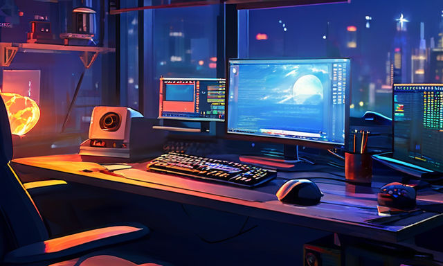 Nächtlicher Arbeitsplatz mit mehreren Monitoren, Code auf dem Bildschirm und Stadt-Skyline im Hintergrund